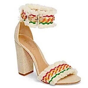 SCHUTZ Women's Cream ZOOLA Heel Sandals Multicolor Fringe Accents Shoes 8.5